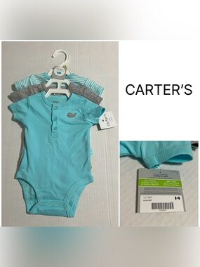 CARTER’S - 3M - NWT - INFANT BOYS 3PK TEAL BLUE WHALE ONESIES / BODYSUITS